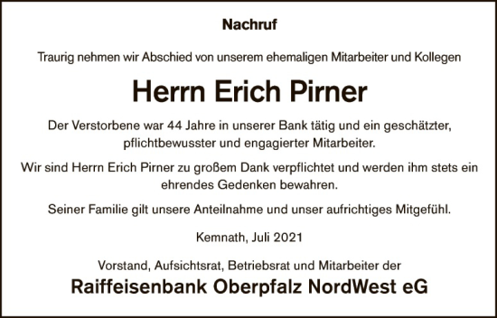 Traueranzeige von Erich Pirner von Tirschenreuth + Eschenbach - Kemnath - Erbendorf