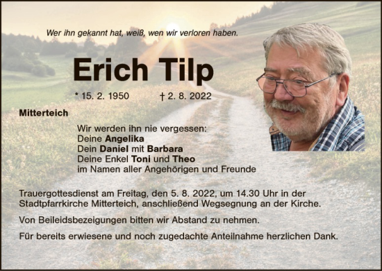 Traueranzeige von Erich Tilp von Tirschenreuth + Eschenbach - Kemnath - Erbendorf