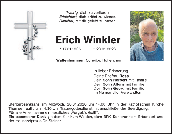 Traueranzeige von Erich Winkler von Tirschenreuth + Eschenbach - Kemnath - Erbendorf