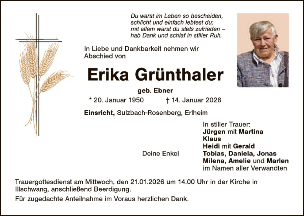  Traueranzeige für Erika Grünthaler vom 17.01.2026 aus Hauptausgabe Amberg