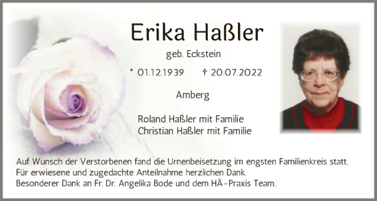 Traueranzeige von Erika Haßler von Hauptausgabe Amberg