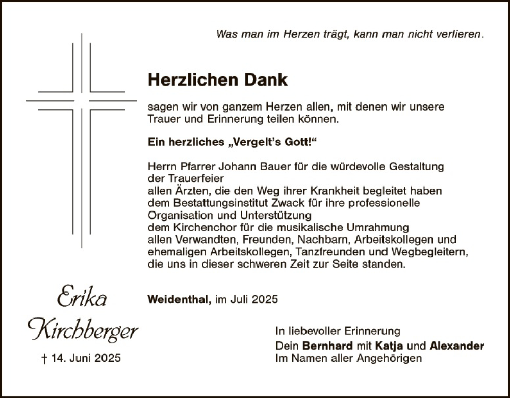  Traueranzeige für Erika Kirchberger vom 12.07.2025 aus Landkreis Schwandorf