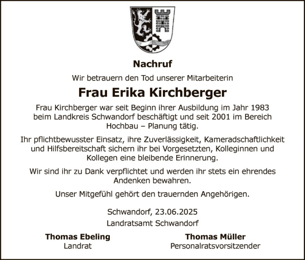  Traueranzeige für Erika Kirchberger vom 27.06.2025 aus Landkreis Schwandorf