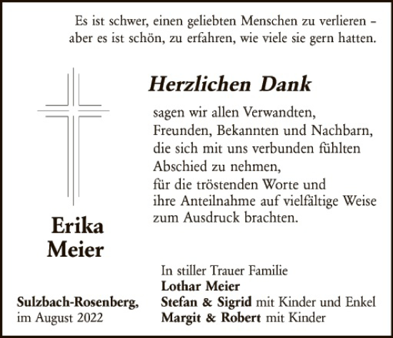 Traueranzeige von Erika Meier von Hauptausgabe Amberg