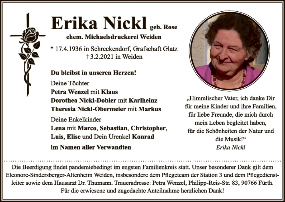  Traueranzeige für Erika Nickl vom 10.02.2021 aus Hauptausgabe Weiden