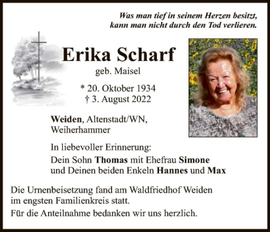 Traueranzeige von Erika Scharf von Hauptausgabe Weiden