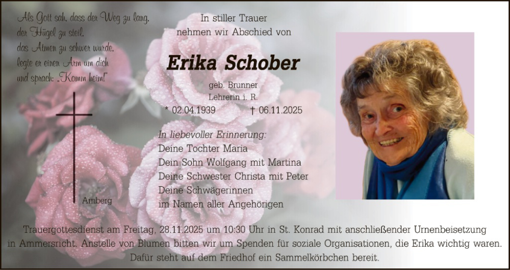  Traueranzeige für Erika Schober vom 22.11.2025 aus Hauptausgabe Amberg