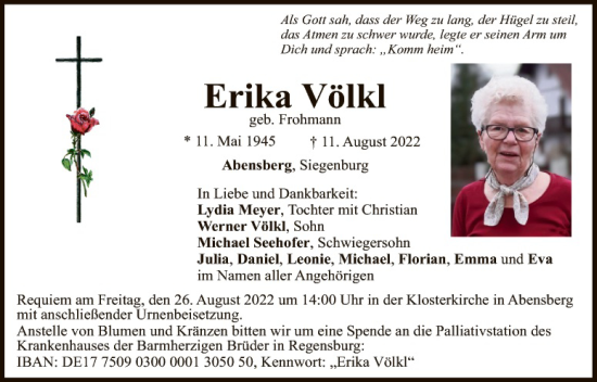 Traueranzeige von Erika Völkl von Hauptausgabe Amberg