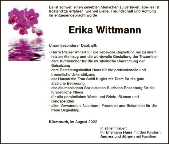 Traueranzeige von Erika Wittmann von Hauptausgabe Amberg