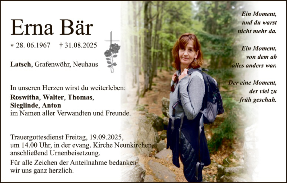 Traueranzeige für Erna Bär vom 17.09.2025 aus Hauptausgabe Weiden