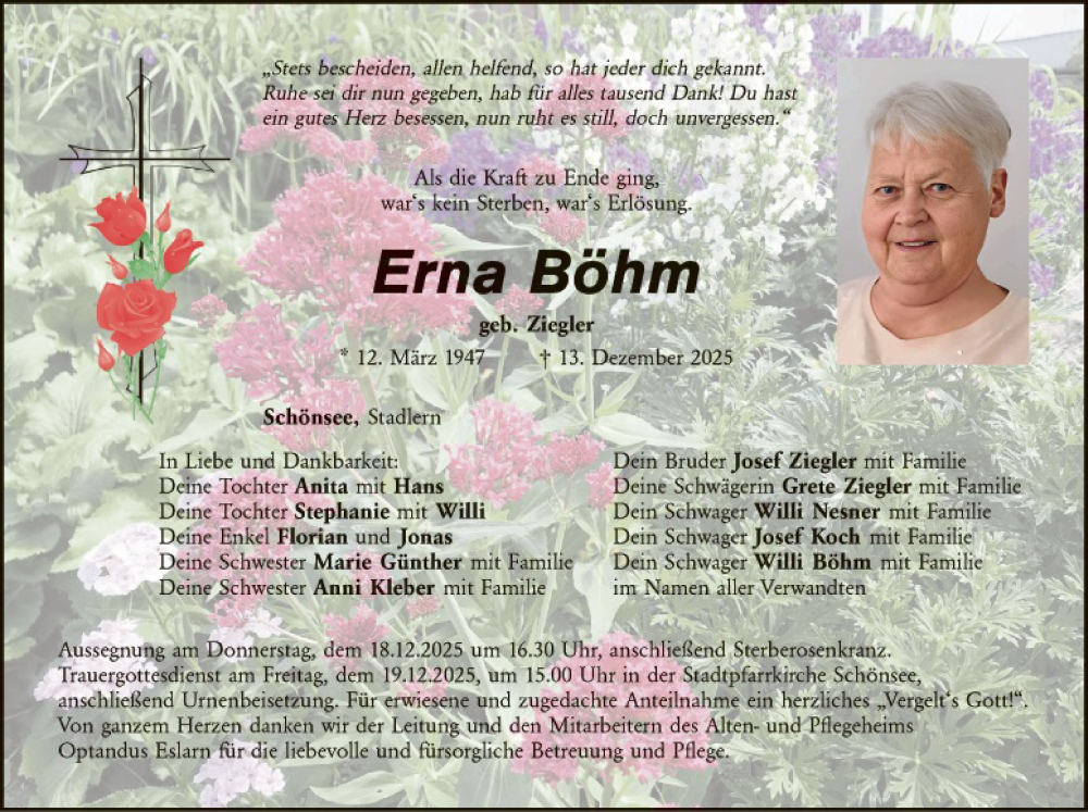  Traueranzeige für Erna Böhm vom 17.12.2025 aus Landkreis Schwandorf und Vohenstrauß