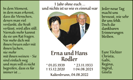 Traueranzeige von Erna und Hans Rodler von Gesamtausgabe