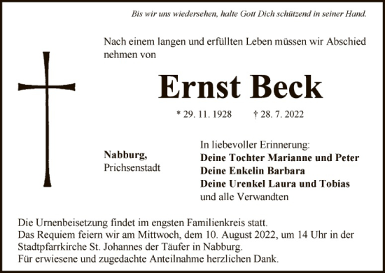 Traueranzeige von Ernst Beck von Landkreis Schwandorf