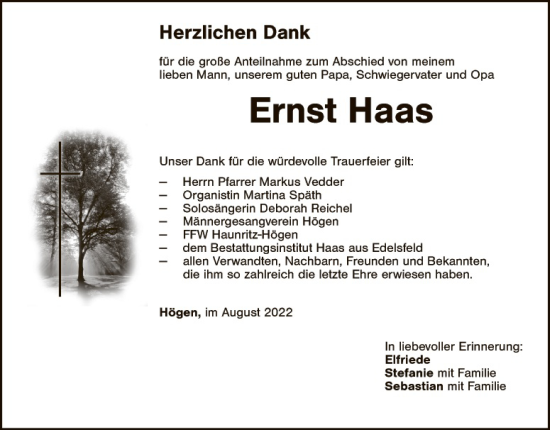 Traueranzeige von Ernst Haas von Hauptausgabe Amberg