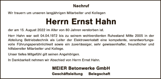 Traueranzeige von Ernst Hahn von Hauptausgabe Amberg