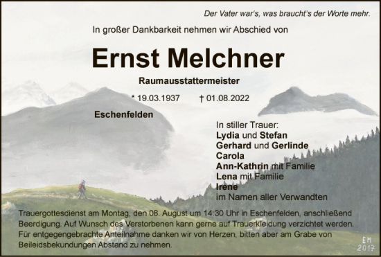 Traueranzeige von Ernst Melchner von Hauptausgabe Amberg
