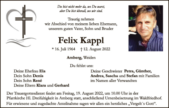 Traueranzeige von Felix Kappl von Hauptausgabe Amberg