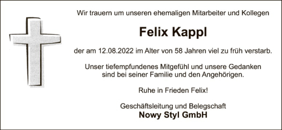 Traueranzeige von Felix Kappl von Hauptausgabe Amberg