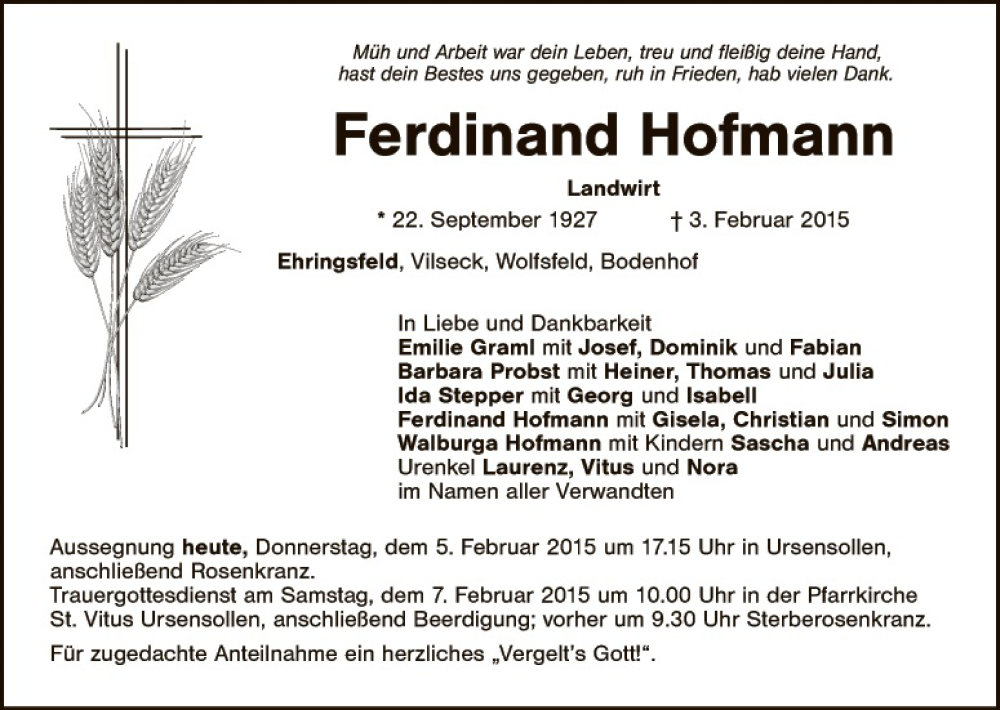  Traueranzeige für Ferdinand Hofmann vom 05.02.2015 aus Hauptausgabe Amberg