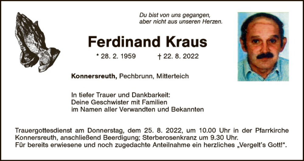  Traueranzeige für Ferdinand Kraus vom 24.08.2022 aus Tirschenreuth + Eschenbach - Kemnath - Erbendorf