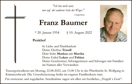 Traueranzeige von Franz Baumer von Amberger Zeitung / Sulzbach - Rosenberger Zeitung + Landkreis Schwandorf