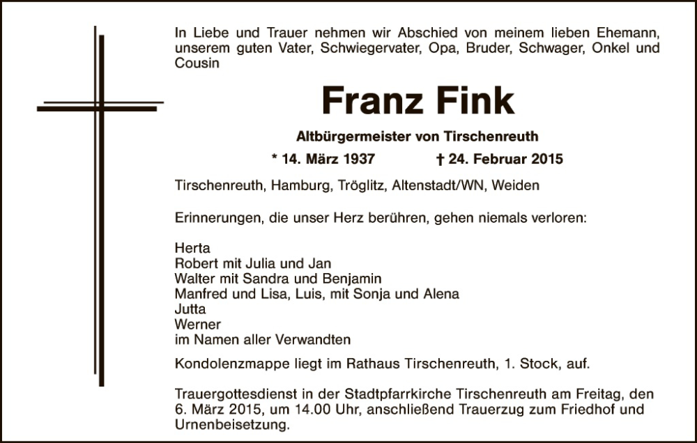  Traueranzeige für Franz Fink vom 03.03.2015 aus Hauptausgabe Weiden