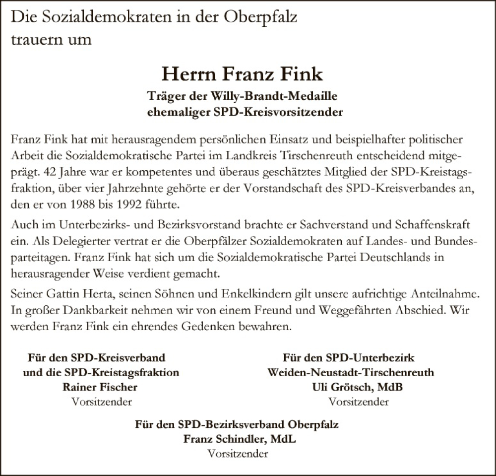  Traueranzeige für Franz Fink vom 03.03.2015 aus Hauptausgabe Weiden