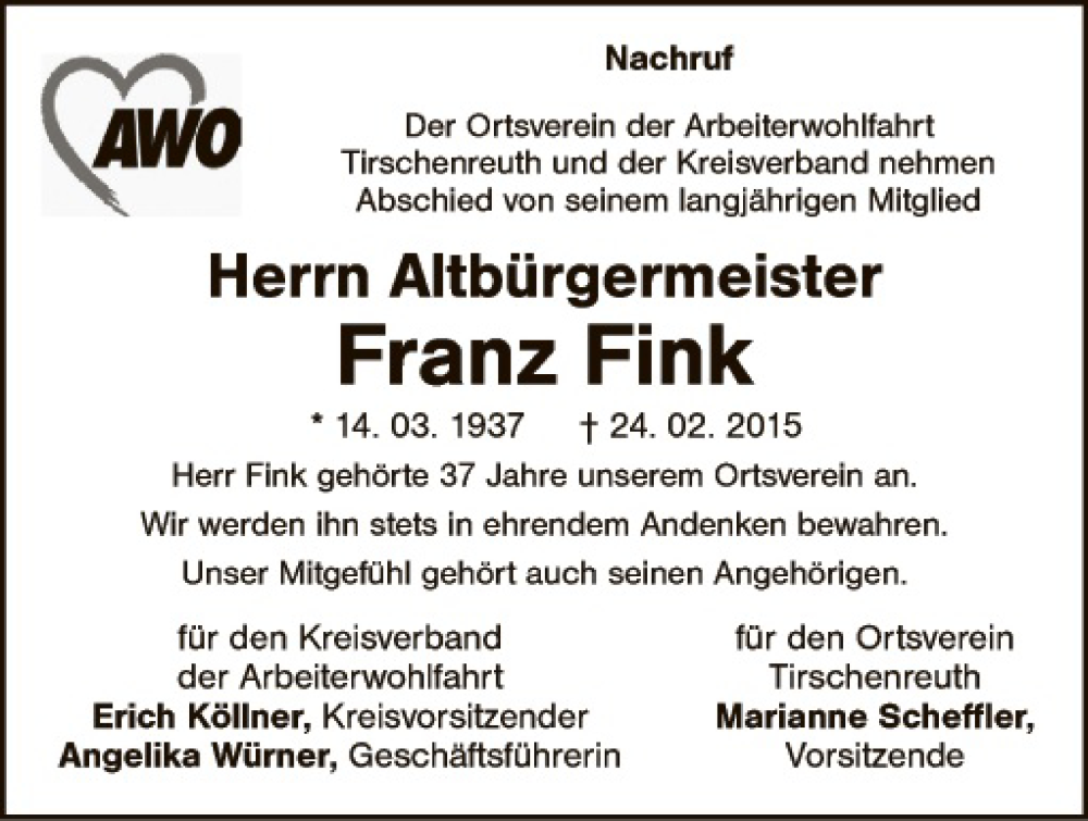  Traueranzeige für Franz Fink vom 03.03.2015 aus Tirschenreuth