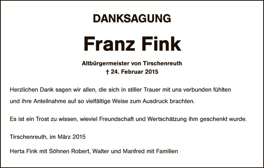  Traueranzeige für Franz Fink vom 11.03.2015 aus Hauptausgabe Weiden