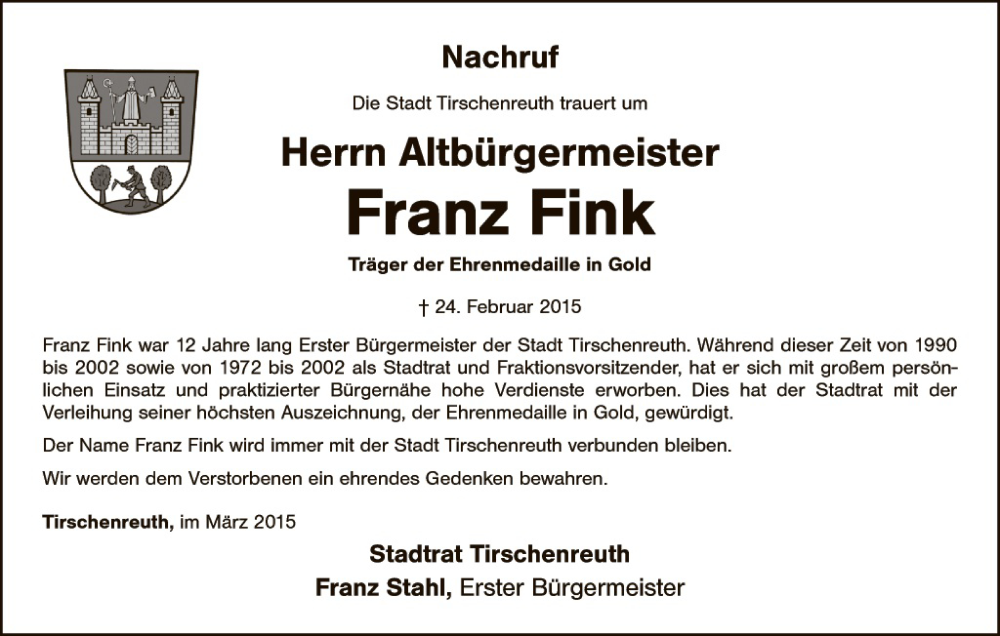  Traueranzeige für Franz Fink vom 03.03.2015 aus Hauptausgabe Weiden