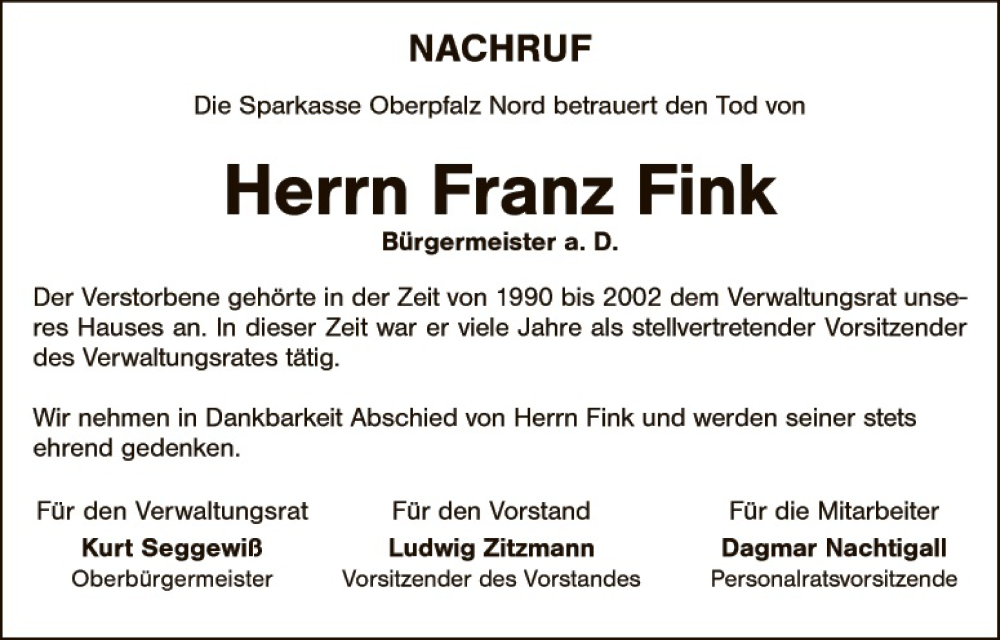  Traueranzeige für Franz Fink vom 03.03.2015 aus Hauptausgabe Weiden
