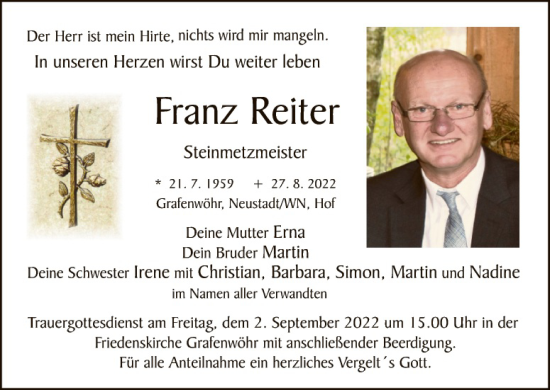 Traueranzeige von Franz Reiter von Tirschenreuth + Eschenbach - Kemnath - Erbendorf