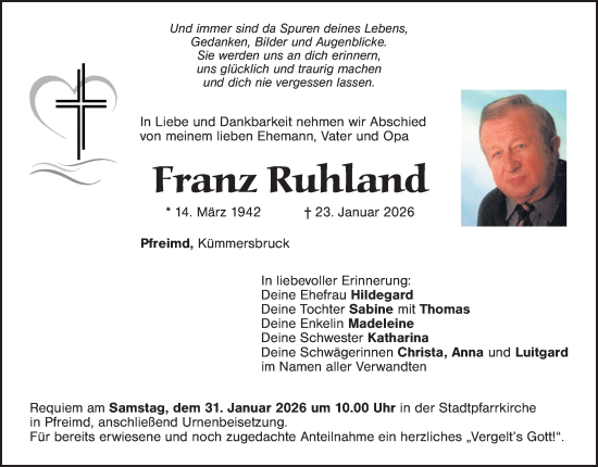 Traueranzeige von Franz Ruhland von Landkreis Schwandorf