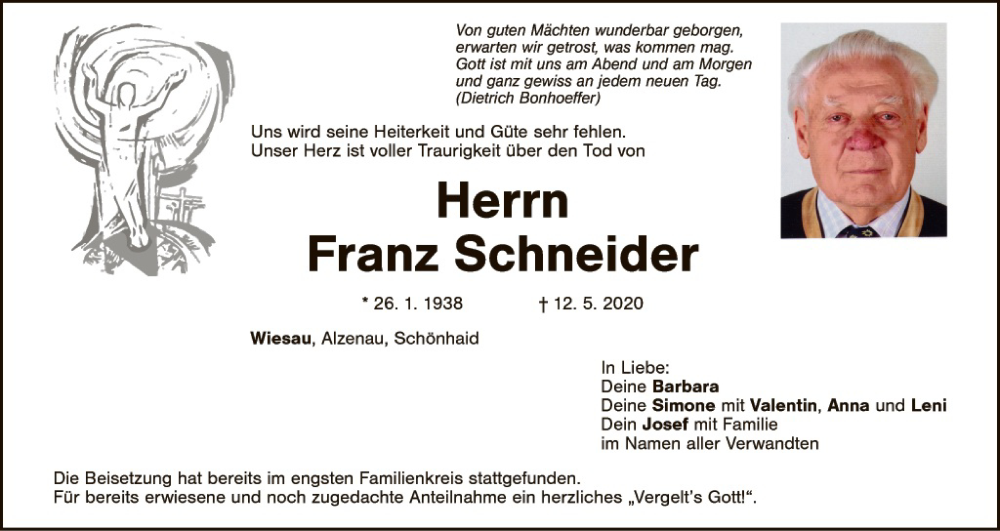  Traueranzeige für Franz Schneider vom 16.05.2020 aus Hauptausgabe Weiden