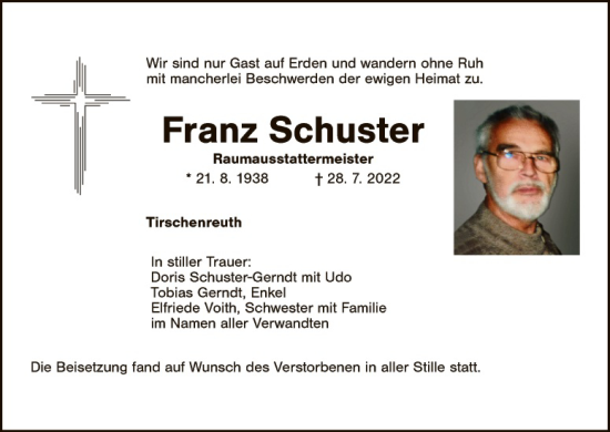 Traueranzeige von Franz Schuster von Tirschenreuth + Eschenbach - Kemnath - Erbendorf