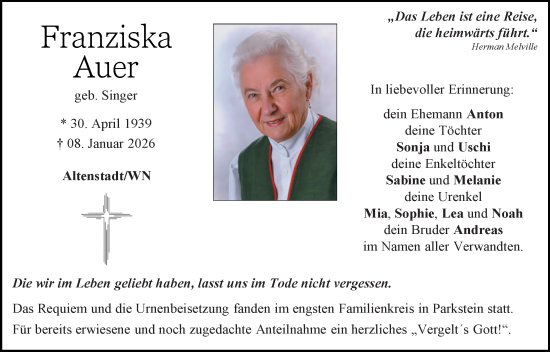 Traueranzeige von Franziska Auer von Hauptausgabe Weiden