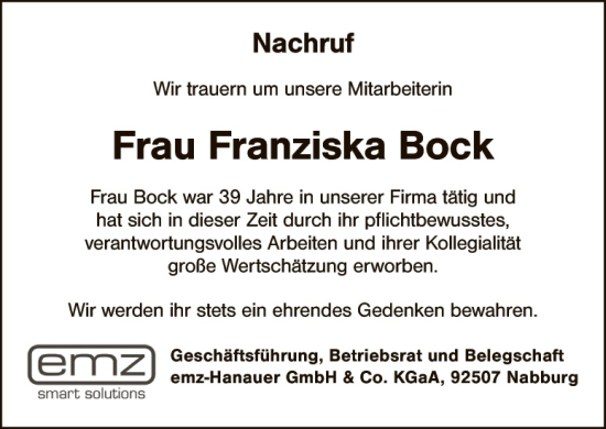Traueranzeige von Franziska Bock von Landkreis Schwandorf