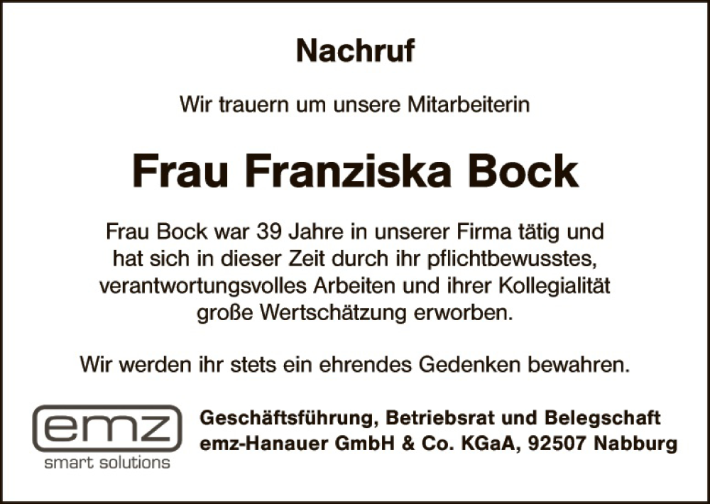  Traueranzeige für Franziska Bock vom 31.08.2022 aus Landkreis Schwandorf