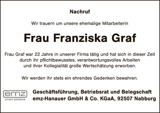 Traueranzeige von Franziska Graf von Landkreis Schwandorf