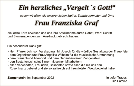 Traueranzeige von Franziska Graf von Landkreis Schwandorf