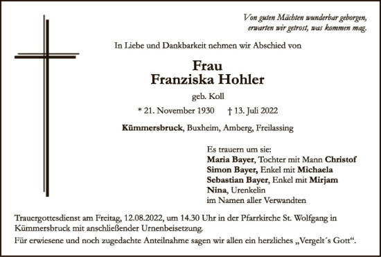 Traueranzeige von Franziska Hohler von Hauptausgabe Amberg