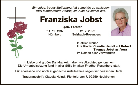 Traueranzeige von Franziska Jobst von Hauptausgabe Amberg