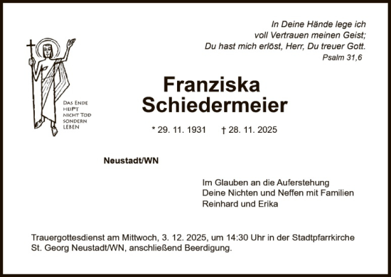 Traueranzeige von Franziska Schiedermeier von Hauptausgabe Weiden