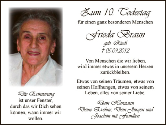 Traueranzeige von Frieda Braun von Gesamtausgabe