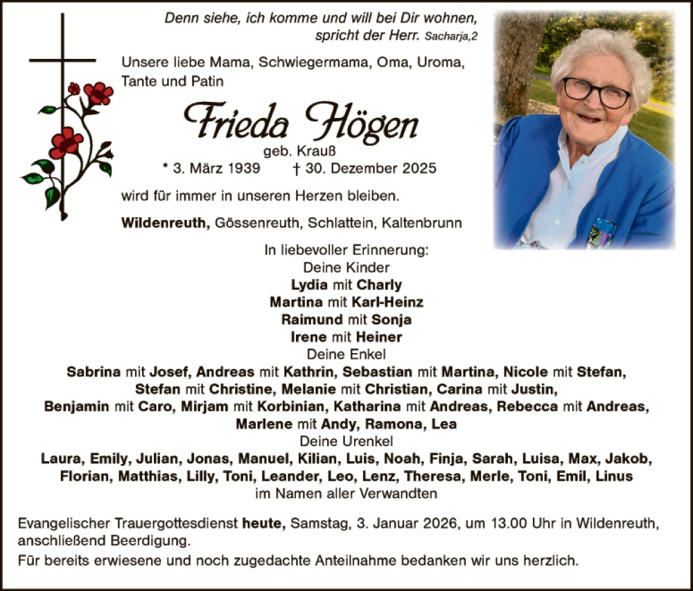  Traueranzeige für Frieda Högen vom 03.01.2026 aus Hauptausgabe Weiden