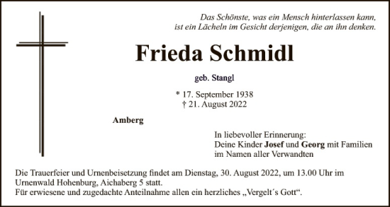 Traueranzeige von Frieda Schmidl von Hauptausgabe Amberg