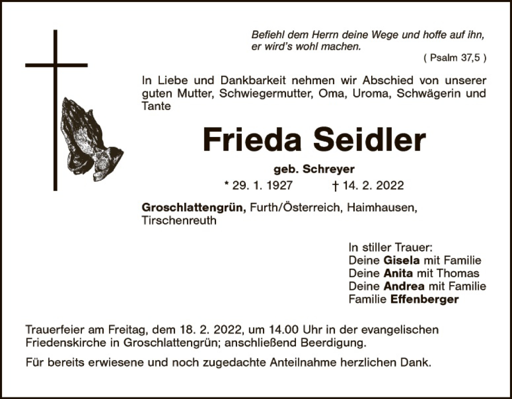  Traueranzeige für Frieda Seidler vom 17.02.2022 aus Tirschenreuth + Eschenbach - Kemnath - Erbendorf
