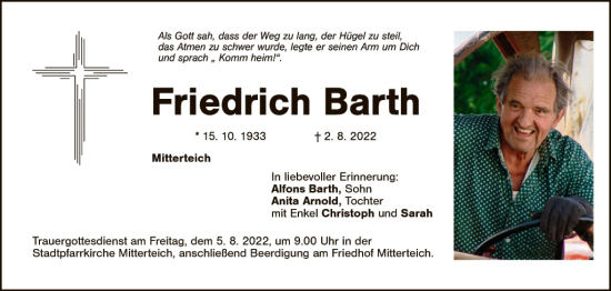 Traueranzeige von Friedrich Barth von Tirschenreuth + Eschenbach - Kemnath - Erbendorf