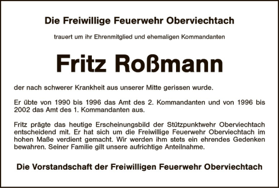 Traueranzeige von Fritz Roßmann von Landkreis Schwandorf und Vohenstrauß