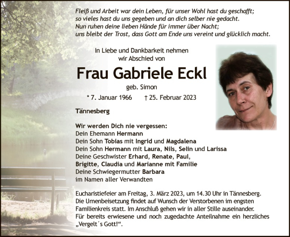  Traueranzeige für Gabriele Eckl vom 01.03.2023 aus Landkreis Schwandorf